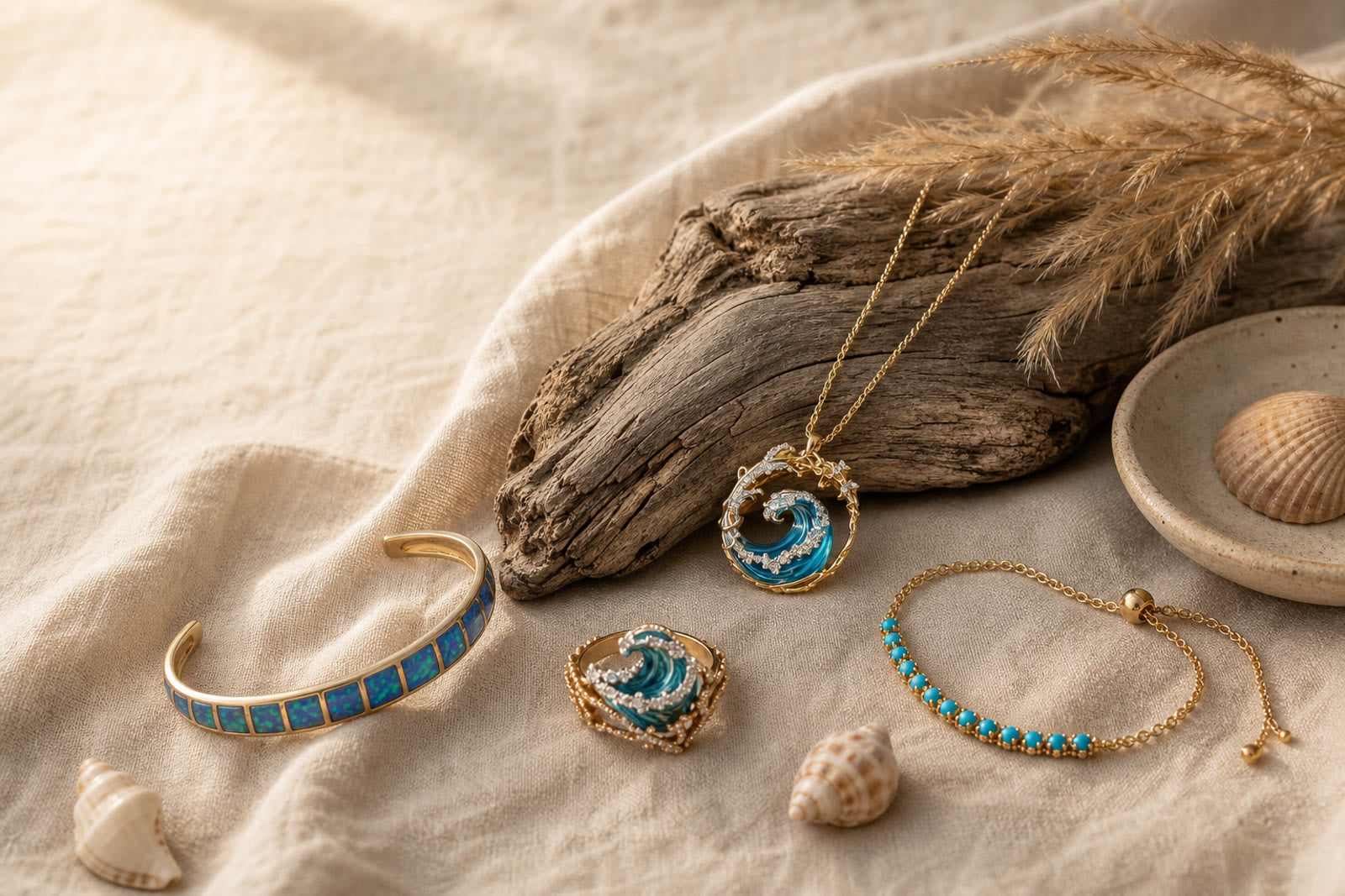 Clara & Elise waterproof coastal jewelry — the Never Take It Off edit, styled on linen and driftwood